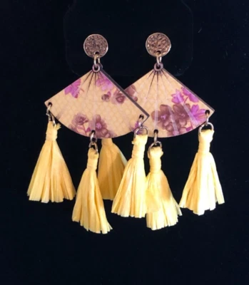 Pendientes Araña Moda Declaración AMARILLO Asiático VENTILADOR Tono Dorado Borla 3+" 6242 Foto 1 de 4