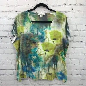 Coldwater Creek Top Womens 2X Green Floral Short Sleeve V-Neck Blouse Tee - Picture 1 of 12
