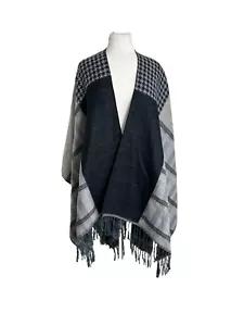 Est 1946 Black Gray Open Front Poncho One Size Check Hounds Tooth Fringe - Picture 1 of 5
