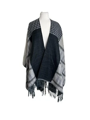 Est 1946 Black Gray Open Front Poncho One Size Check Hounds Tooth Fringe - Image 1 of 4