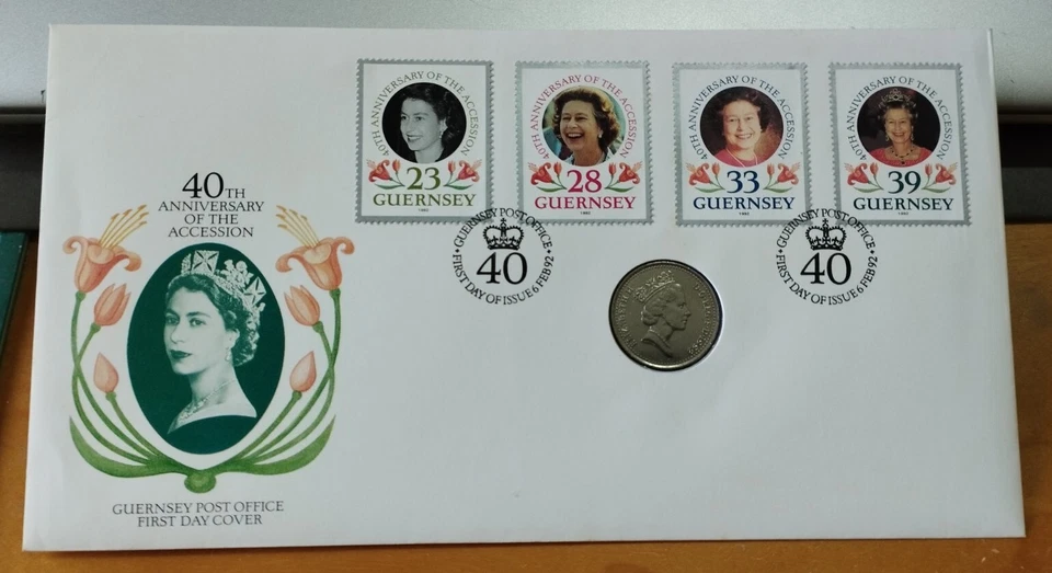 UK Guernsey 1992 Queen Elizabeth II QE2 40th Queen's Accession Stamp Coin FDC - Image 1 of 4