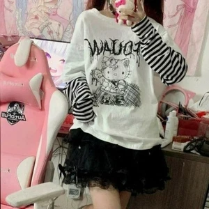 Sanrio Women's Hello Kitty Long Sleeved T-shirt Black Striped Arms Size L/XL - Picture 1 of 3