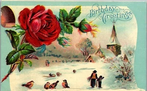 Vintage Geburtstag Postkarte leuchtend rote Rose und Land Szene mit Vögeln geprägt - Bild 1 von 3