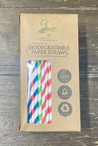 Paper Straws Disposable 200 Pack - Striped Straws in 10 Colors - Biodegradabl... - Picture 1 of 6