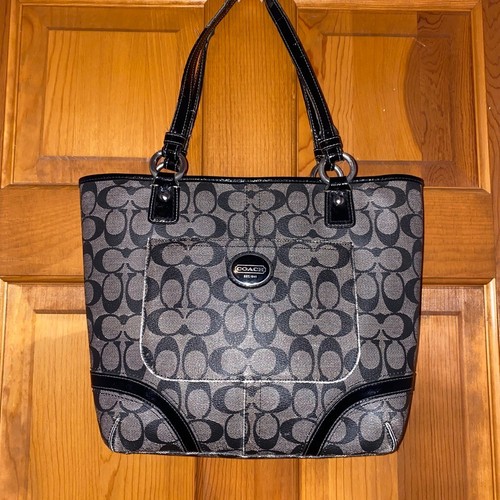 Coach Peyton borsa a tracolla tote in tela rivestita firmata nera grigia