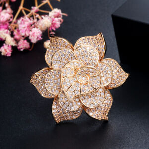 Luxurious Yellow Gold Plated Cubic Zirconia Large Flower Engagement Finger Ring