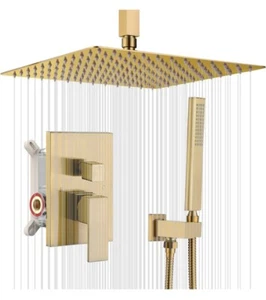Bathroom 12" Rainfall Shower Faucet Set W/Hand Shower Brushed Gold Ceiling Mount - Picture 1 of 18