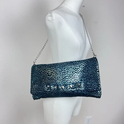 Betsey Johnson Purse Envelope Clutch Shoulder Bag Metallic Cheetah Studs Grunge - Image 1 of 4