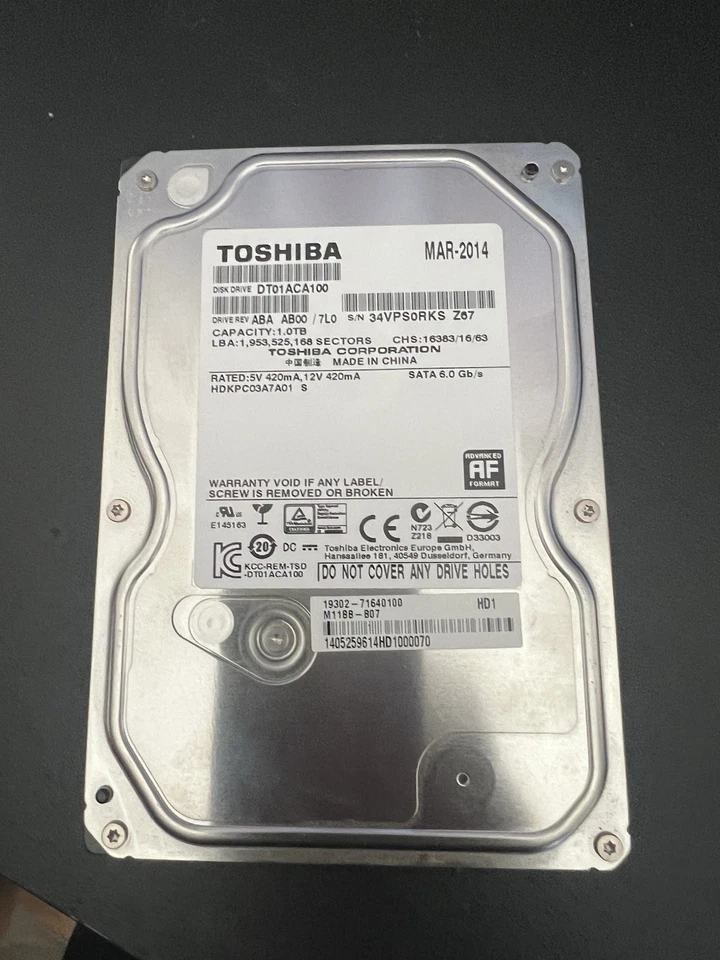 Toshiba DT01ACA100 1TB 3.5" SATA III 6Gb/s 7200RPM Desktop Hard Drive - Tested - Image 1 of 1