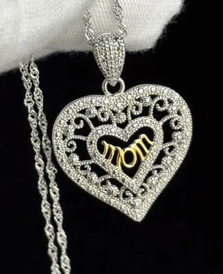"Collar de cadena de 18"" colgante ornamentado corazón "mamá" con acento de diamantes de plata de ley 925" Foto 1 de 4