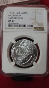 1999 ITALY SILVER 5000 LIRE SATELLITE DISH MILLENNIUM NGC MS 67 - Picture 1 of 4