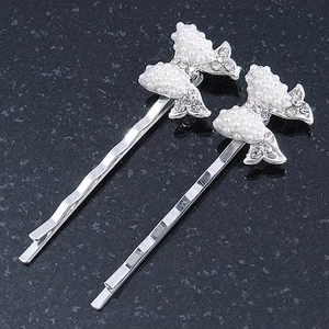 2 Bridal/ Prom Simulated Pearl, Crystal 'Bow' Hair Grips/ Slides In Rhodium - Picture 1 of 4