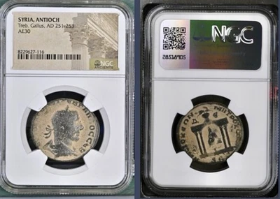 Emperor Trebonianus Gallus Ancient Roman Sestertius NGC Genuine 251-253AD Temple - Image 1 of 4
