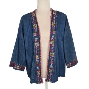 Falls Creek Usado en Excelente Condición Denim Bordado Azteca Chaqueta Abierta Mangas Kimono Azul Medio - Imagen 1 de 14
