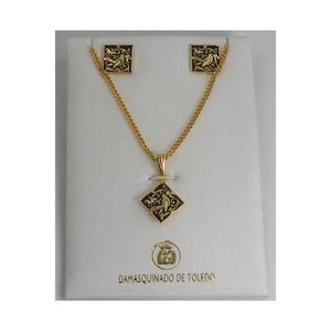 Damaszener Gold Quadrat Friedenstaube Ohrringe Halskette Set von Midas Toledo Spanien - Bild 1 von 1