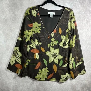 Judith Hart Blouse Womens 12 Brown Green Floral Sheer Sequin V-Neck Boho Casual - Picture 1 of 9