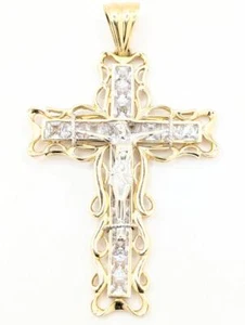 14K Solid 2-Tone Gold 25.8g CZ Chunky Jesus Christian Crucifix Chunky Pendant - Picture 1 of 4
