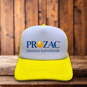 Prozac Fluoxetine Hydrochloride Mens Trucker Hat Yellow Anti-Anxiety Novelty Cap - Picture 1 of 6