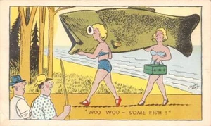 Vintage Exaggeration Comic WOO WOO - EINIGE FISCHE! Blondinen~Bikinis~Männer Postkarte - Bild 1 von 2