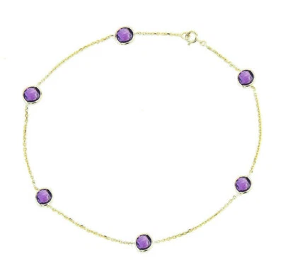 Brazalete tobillera de oro amarillo de 14K con piedras preciosas redondas de amatista de 9,5 pulgadas Foto 1 de 2