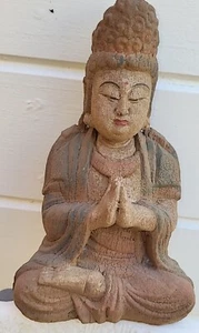 Antica scultura in legno dipinta Buddha seduto 古代木雕加彩坐佛 m1 - Foto 1 di 6