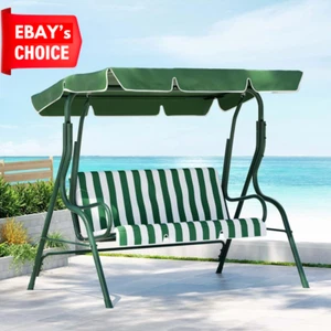 Outdoor Swing Chair Garden Bench Furniture Canopy 3 Seater White Green - Picture 1 of 12