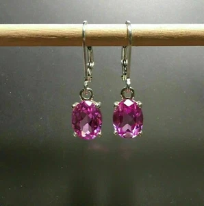 14k White Gold Plated 3.00Ct Oval Moissanite  Pink Sapphire Drop Dangle Earrings - Picture 1 of 3