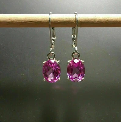 14k White Gold Plated 3.00Ct Oval Moissanite  Pink Sapphire Drop Dangle Earrings - Image 1 of 3