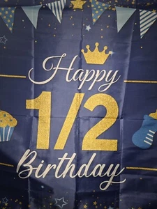 Birthday Banner Backdrop Blue And Gold (1/2 Birthday) - Picture 1 of 6