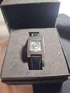 Women Silver Tone Square Wrist Watch w/ Black Leather Strap & Initials Dial - Picture 1 of 6