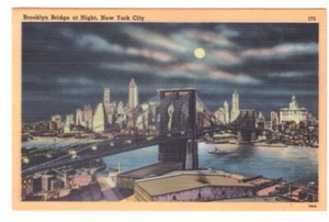 Puente de Brooklyn por la noche, Nueva York, postal de lino vintage - Imagen 1 de 2