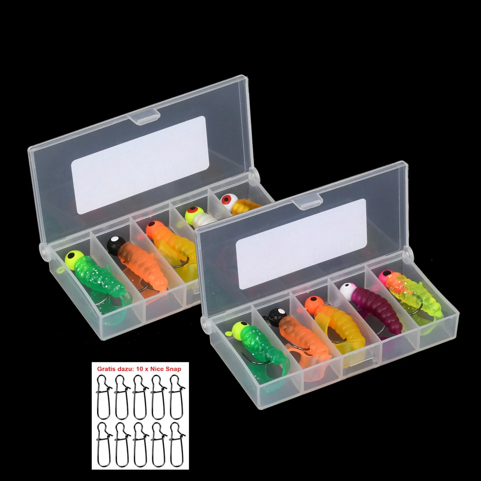 Gummifisch Twister 5,5 cm mit 3,5 g Jigkopf montiert  5 Stück Set  in Tacklebox - Bild 1 von 1