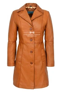Gabardina de cuero para damas color tostado calce ajustado clásica larga chaqueta de piel de cordero real 3457 - Imagen 1 de 7
