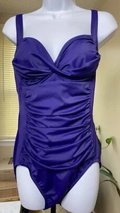 Croft & Barrow One-piece Swim Suit Purple V-neck Ruched Sides Size L 12 - Picture 1 of 11
