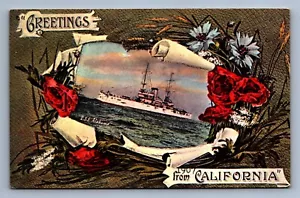 Postcard Vtg Transportation Ship Boat Greetings From California USS Alabama - Picture 1 of 2
