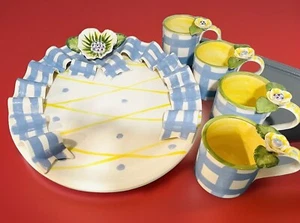 Juego de tazas de platos Cottage Core VENTANAS DE PAPEL EE. UU. CERÁMICA azul amarillo blanco - Imagen 1 de 24