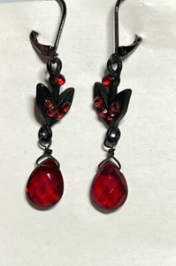 Vintage 90's Cherry Red Dangle Earrings Goth Grunge Dark Metal Faceted - Picture 1 of 6