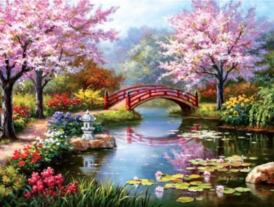 Paint by Numbers for Adults, Cherry Blossom Bridge Canvas Acrylic Paints UK COMP - Image 1 of 4