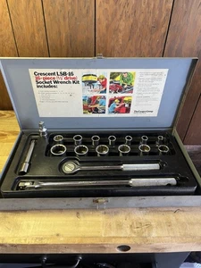 Vintage Crescent LSB-16 16 Pc 1/2" Drive Socket Wrench Set W/ Metal Case - Picture 1 of 20