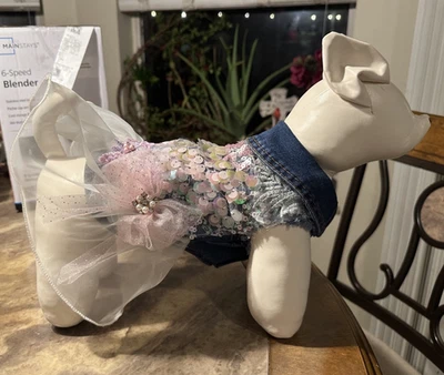 Designer Small Tiny Dog Pet Embellished Blingy Sequin Lace Jean Jacket Dress NEW - Image 1 of 4