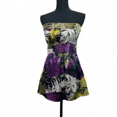 Babydoll vintage y2k negro púrpura floral satinado seda sin tirantes tubo top mediano Foto 1 de 4