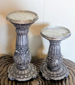 Set Of Gunmetal Silver Resin Pillar Candle Holders 8" & 6" - Picture 1 of 6