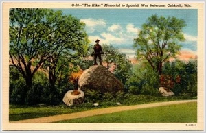 Oshkosh WI Hiker Monument Spanish War Veterans Curt Teich Art Colortone - Picture 1 of 2