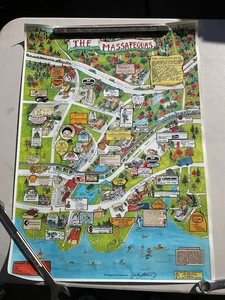 Mapa dibujado ilustrado de dibujos animados de Ariel 1984 de los Massapequas Long Island Town Shelf - Imagen 1 de 12