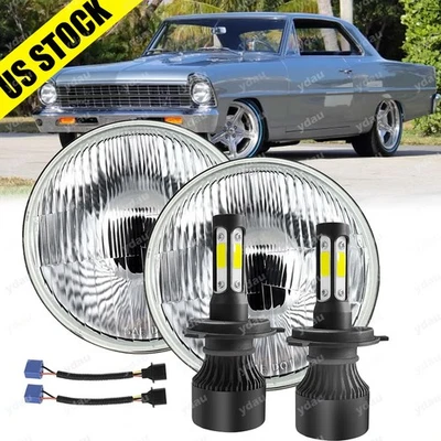 For Chevrolet Chevy II 1964-1967 2PCS 7" inch Round LED Headlights Hi/Lo Beam - Image 1 of 4