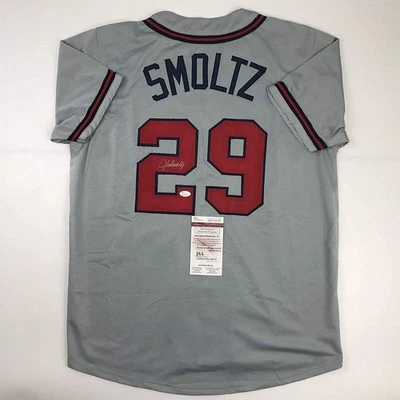 Autographed/Signed JOHN SMOLTZ Atlanta Grey Baseball Jersey JSA COA Auto - Image 1 of 3