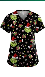 NWOT Scrub Tops for Women Grinch Stretch V Neck Short Sleeve Sz XL Nursing Top - Picture 1 of 3
