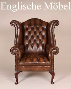 Englische Möbel Chesterfield Ohrensessel Wingchair Sessel Antik Leder Mahagoni - Bild 1 von 7