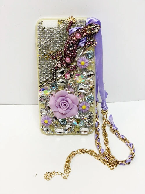 New Purple Crystal Lizard Jewels & Flowers I Phone 6 Plus Cell Phone Case Chain - Image 1 of 1