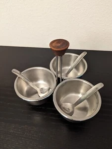 Vtg MCM 3-8 oz Cup Stainless Steel Condiment/Relish Server Caddy Spoons - Picture 1 of 11